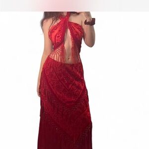 Gorgeous red hand beaded maxi skirt with scarf top